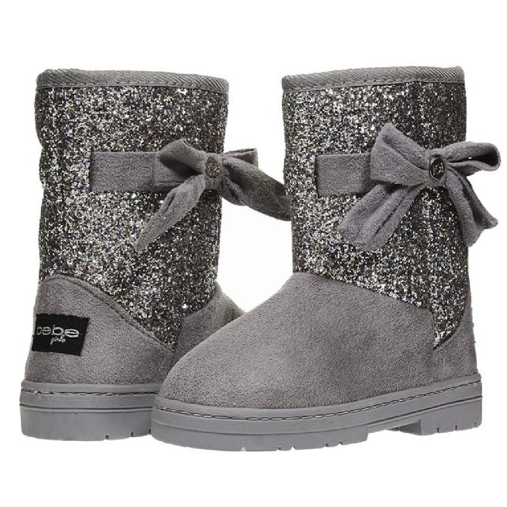 bebe Girls Glitter Winter Boots | Gray | Size 8 Toddler | Side Bow | NEW